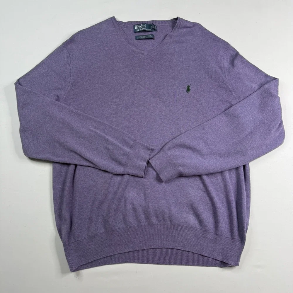 Polo Ralph Lauren V-Neck Sweater Mens XL Purple‎ Pima Cotton Long Sleeve Logo